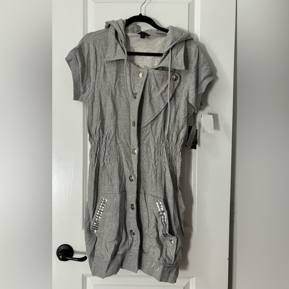 Gray Short Sleeve Button-Up Dress